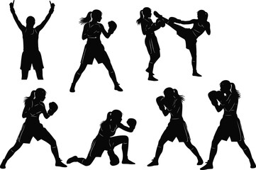 Female boxer silhouette illustration, martial arts poses, kickboxing workout, fitness training, athletic woman, self-defense, black white design