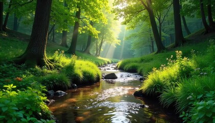 Obraz premium Serene woodland scene featuring a babbling brook meandering through lush greenery, sunlight dappling the leaves Ideal for nature, tranquility, and peaceful themes , summer, woodland