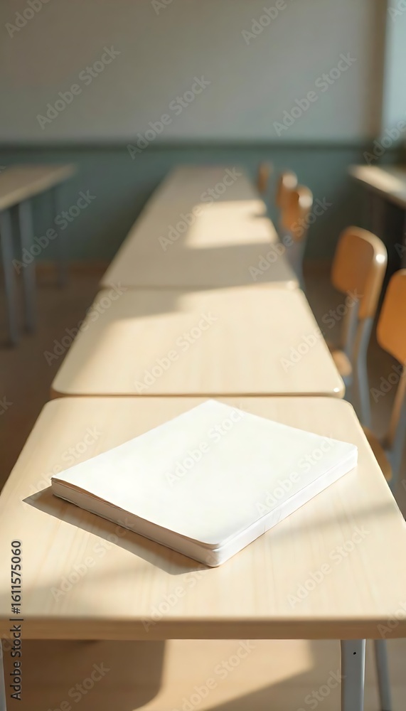 Poster generative ai school desk scene with a blank notebook for education
