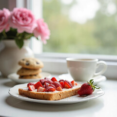 breakfast with coffee, bread, strawberry and cookies