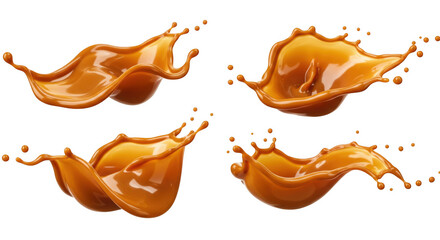 Caramel liquid splash collection concept isolated on transparent background