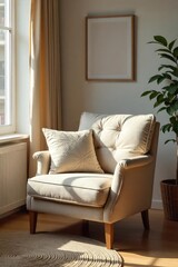 Fototapeta premium Soft, plush cushion resting on a comfy armchair in a cozy living room, bathed in natural sunlight Perfect for relaxation and adding a touch of homey style , colorful, soft