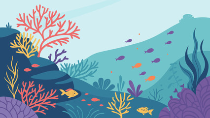 Underwater scene with coral reefs, seaweed, and schools of fish swimming in a vibrant ecosystem
