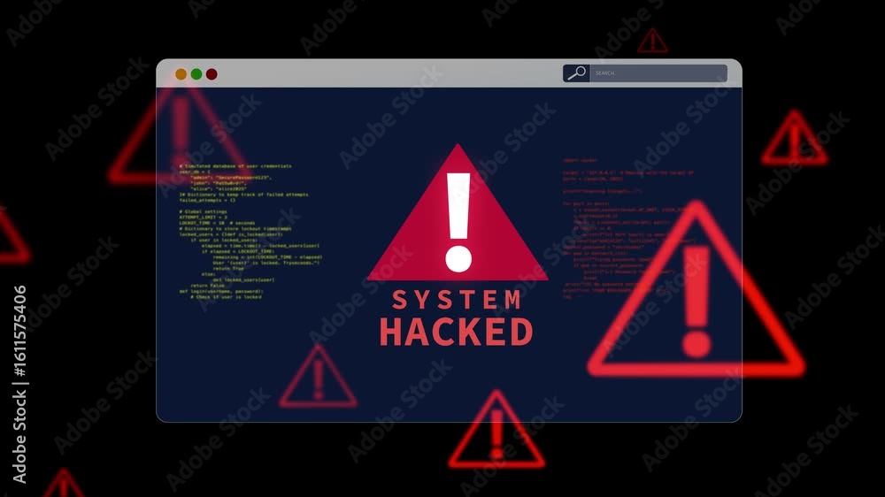 Poster system hacked notification on digital screen.system warning caution,malware attack,ransomware data b