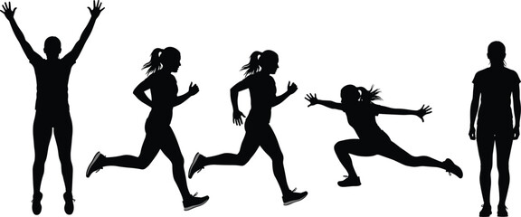Running, jumping, celebrating silhouette sequence, fitness motion vector, exercise routine, dynamic sports activity, healthy lifestyle, motivation artwork, design