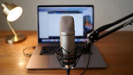 studio microphone and laptop for recording audio podcasts or music