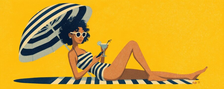 Stylish woman sunbathing under an umbrella while enjoying a tropical drink