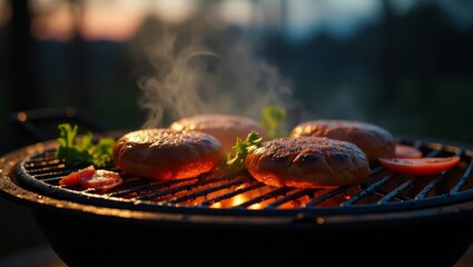 Barbecue Features Sizzling Steaks on a Grill with Flaming Charcoal and Open Fire Ready for Product Display