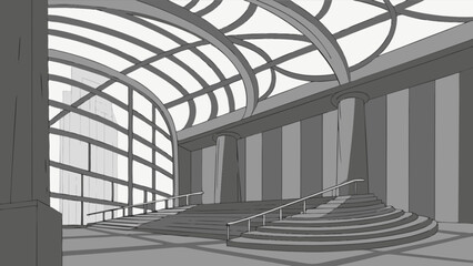 Obraz premium Illustration of a building interior with stairs and a glass ceiling in grayscale design style