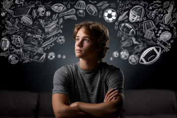 Young adult surrounded by floating thoughts related to sports gambling and winning big. Emotional expression captured in a room with dark background. Concept of gambling, sports analysis, motivation