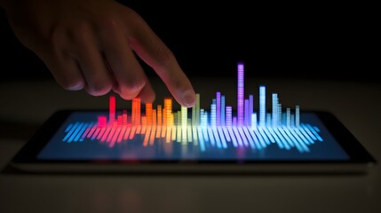 Hand interacting with colorful audio waveform on a tablet screen.