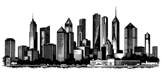 Cityscape in a woodcut style in black and white showing a waterfront view of skyscrapers
