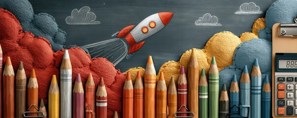 Colorful crayons and rocket theme on chalkboard inspiring creativity and imagination
