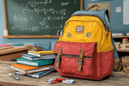 Colorful backpack and books on a wooden desk in a school classroom