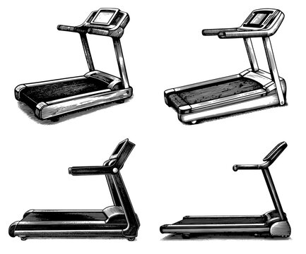 Treadmills in a black and white woodcut style used for fitness and exercise