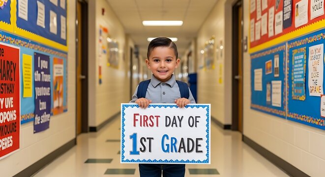 A smiling boy holding a first day of first grade sign in a school hallway with a backpack on - Powered by Adobe