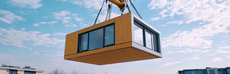 A modern modular home unit is lifted by a crane against a blue sky during construction or installation.
