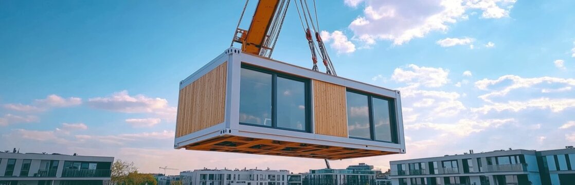 A modular home section is lifted by a crane over a residential area under a clear blue sky with scattered clouds. - Powered by Adobe
