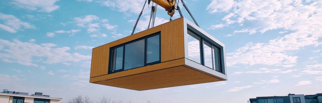 A modern modular home unit is lifted by a crane against a blue sky during construction or installation.