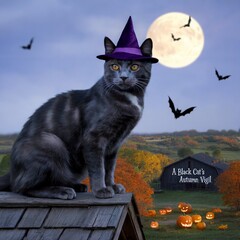 Gray cat wearing witch hat on roof with full moon purple hat