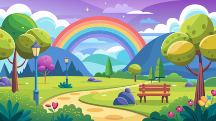 Naklejka premium Vector art of a charming cartoon park scene unfolds with a rainbow over mountains, a winding path, and a cozy bench beside a tranquil river