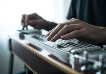 Musician playing a steel guitar with a slide