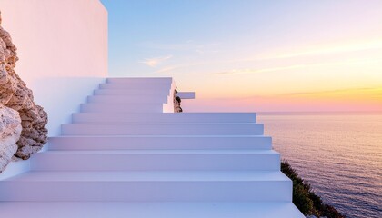 Modern white concrete steps blending into a coastal cliff, glowing under soft pastel sunset colors, tranquil and minimalist atmosphere