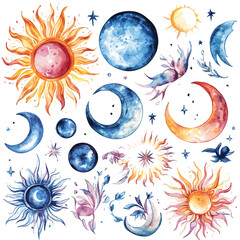 Watercolor hand-painted collection with celestial sun moon phases painting illustration isolated on a white background, stinging nettle leaf illustration, AI painting design