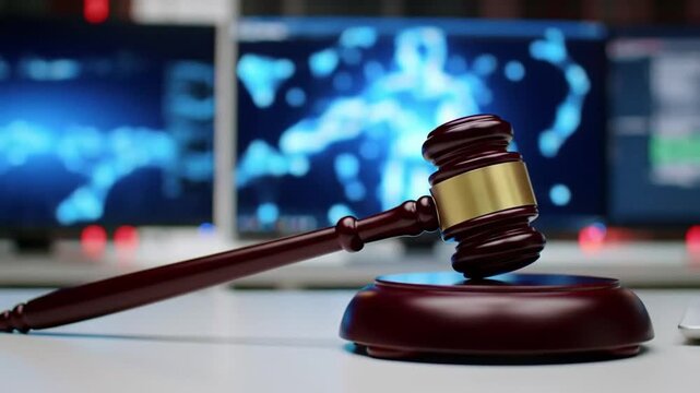 Gavel on sound block with digital background. Law, justice, and medical malpractice concept. Focus on gavel, depth of field.