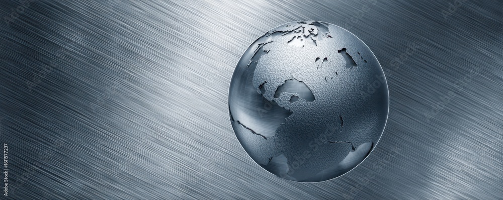 Poster metallic globe on textured silver background illustrating global unity and innovation