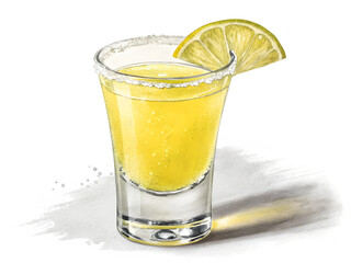 Refreshing tequila shot with lime garnish