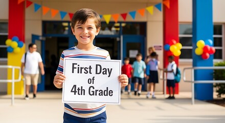 Smiling boy holds first day of fourth grade sign in front of school building with decorations