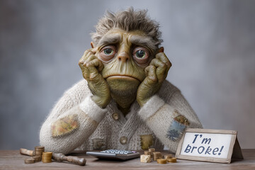 Elderly man sits at wooden table surrounded by crumpled overdue bills and coins. He looks down in despair with hands on cheeks. Concept of financial hardship, debt counseling, elder care