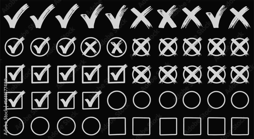 Poster vector art of a collection of white verification symbols including check marks, crosses, squares, an