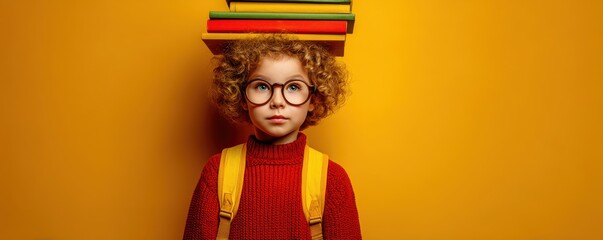 Young student with curly hair and glasses balancing books on head