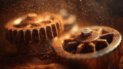 Coffee grinder burrs with fresh ground coffee particles
