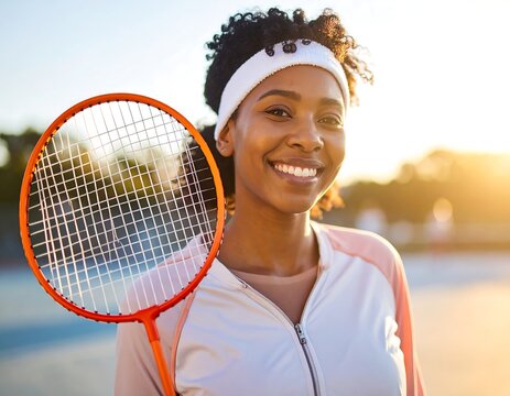 Woman holding badminton racket outdoors