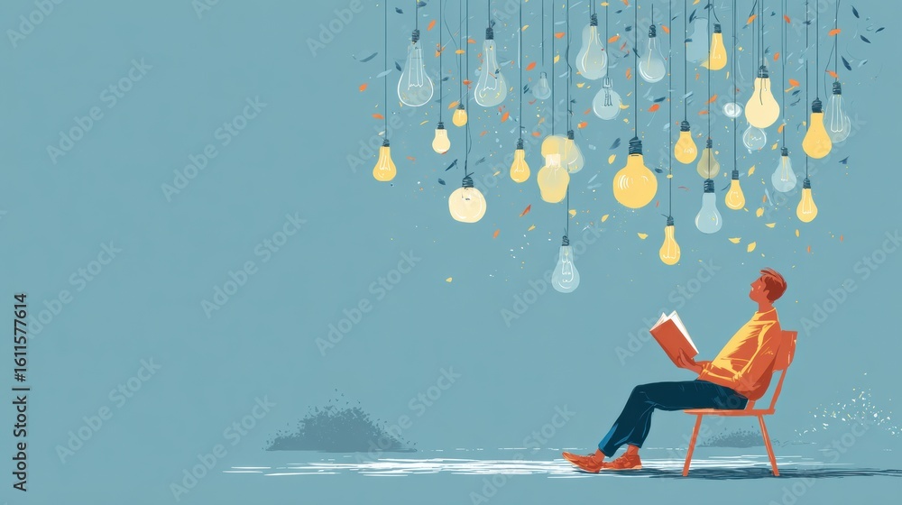 Poster reading a book while ideas illuminate the mind in a calm, clean setting