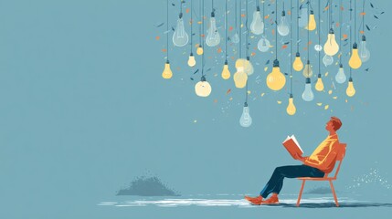 Fototapeta premium Reading a Book While Ideas Illuminate the Mind in a Calm, Clean Setting