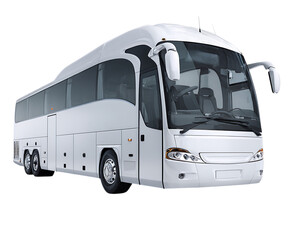 Sleek white tour bus ready for travel.