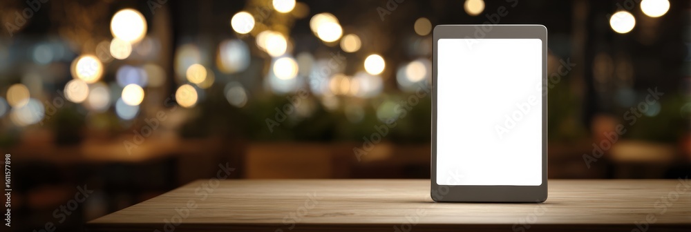 Poster high-resolution tablet mockup on a cafe table at night with glowing screen and blurred lights in the