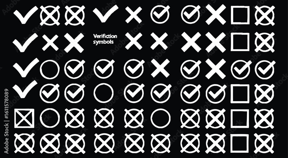 Poster vector art of a collection of verification symbols including check marks, crosses, squares, and circ