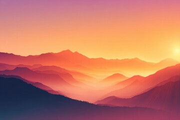 A glowing sunrise over a misty mountain range