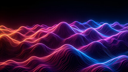 Obraz premium Abstract light pattern Vector illustration. Topographic map background concept. Vibrant neon lights pulsating patterns. Colorful topography contour lines isolated on black background.
