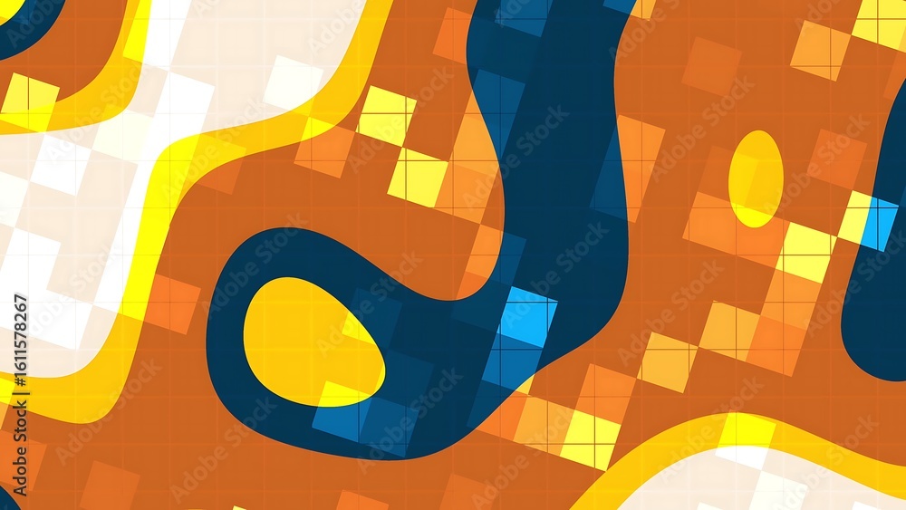 Poster prismatic autumn navy abstract geometric background with flowing shapes, squares, and a grid pattern