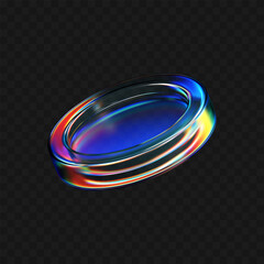 3D transparent glass coin icon with holographic and iridescent effects. Flying crystal token for digital currency, casino chip, reward medal. Ideal for modern tech visual. 3D vector illustration