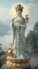 Fototapeta premium Guan Yin Bodhisattva Statue in Sacred Chinese Landscape