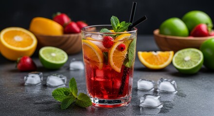 Chilled fruit drink with sliced fruits and mint leaves on kitchen counter with condensation