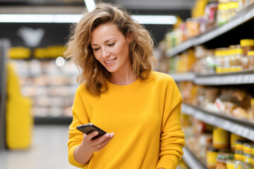 Smiling woman looks at smartphone while comparing prices in supermarket aisle stocked with various products. Bright and organized setting, ideal for consumers. Concept of retail, shopping, technology