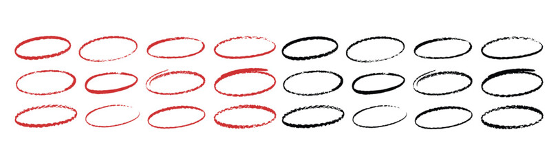 Vector art of a series of handdrawn red and black circles are arranged in rows against a white background, isolated on white background